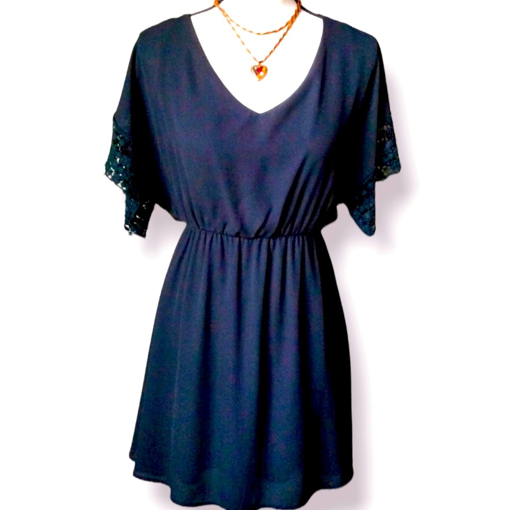 Atlr'd State Black Sheer Dress Crochet Lace Sleeves Size S